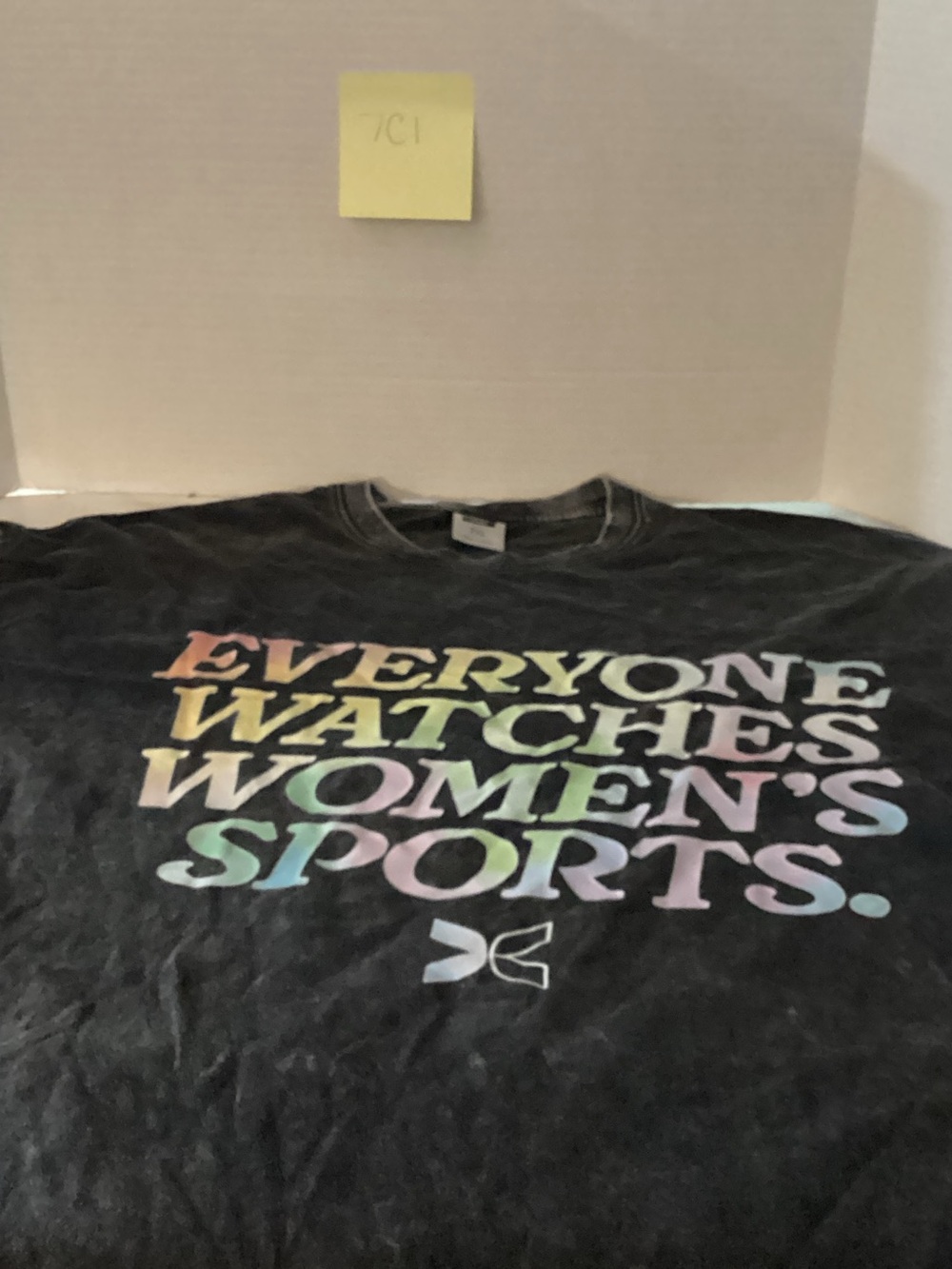Women's Black Graphic Tee with Pastel Rainbow Text